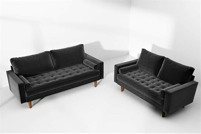 Container Furniture Direct Womble 70 Inch Velvet Sofa with Elegant Button Tufted Upholstery, Square Arms, Splayed Wood Legs, Includes Matching Bolster Pillows, Black