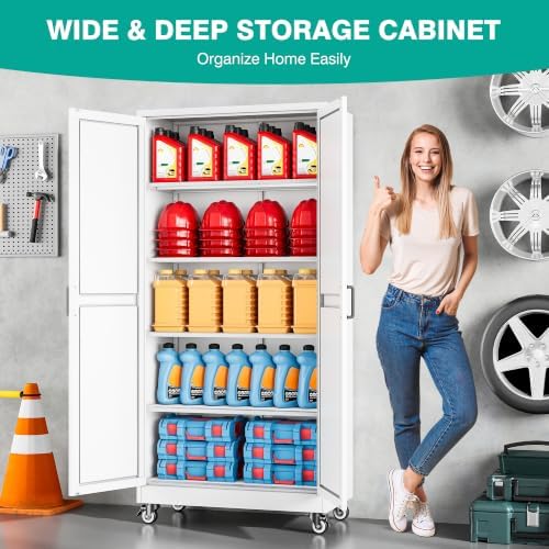 SISESOL 71" Tall Metal Storage Cabinet with Wheels,Rolling Garage Storage Cabinet,White Metal Cabinets with Wheels and Shelves, Deep Heavy Duty Tool Cabinet for Garage,Home,Office,Shop