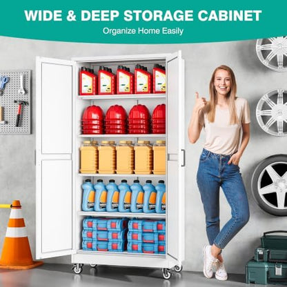 SISESOL 71" Tall Metal Storage Cabinet with Wheels,Rolling Garage Storage Cabinet,White Metal Cabinets with Wheels and Shelves, Deep Heavy Duty Tool Cabinet for Garage,Home,Office,Shop