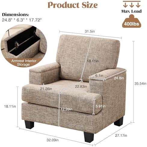 Accent Chairs Set of 2 with Armrest Storage, Modern Upholstered Reading Living Room Chairs, Comfy Large Armchairs, Fabric Accent Chair for Bedroom (Yellowish Brown)