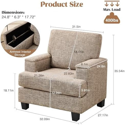 Accent Chairs Set of 2 with Armrest Storage, Modern Upholstered Reading Living Room Chairs, Comfy Large Armchairs, Fabric Accent Chair for Bedroom (Yellowish Brown)