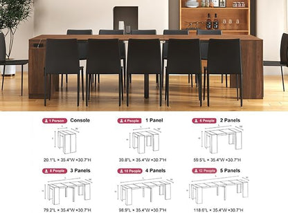 Expandable Dining Table, Transformer Console Table with Charging Ports & Storage, Extendable Folding Dining Room Table for 10-12 People, Space Saving Furniture, Walnut