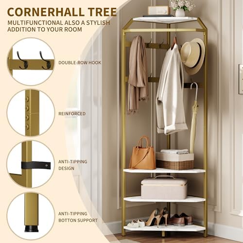Garvee Corner Coat Rack, Freestanding Hall Tree with 12 Double-Row Hooks & 4 Shelves, Clothes Rack Shoes Shelf Organizer for Entryway, Hallway, Closet (White & Gold)