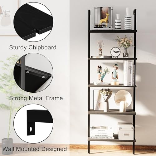 aboxoo Ladder Shelf Open 5-Tier Bookshelf Wall-Mounted Black Wood Bookcase Storage Rack Open Industrial Modern Plant Stand Utility Organizer Bookcase Metal Frame Furniture Office Bedroom