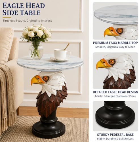 Large American Eagle Pedestal Table - 25.59" Tall Majestic Bald Eagle End Table with Wide 19.69" Faux Marble Top, Premium Resin Statue Decor or Office Centerpiece, 26.46 LBS