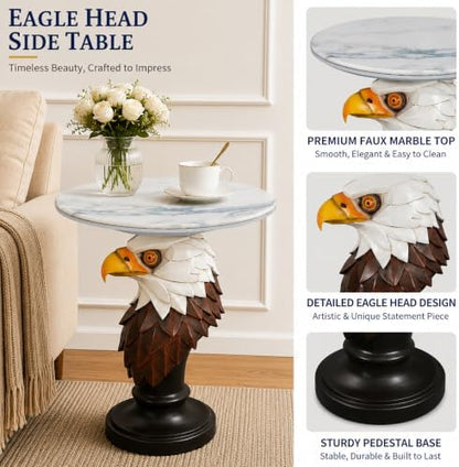 Large American Eagle Pedestal Table - 25.59" Tall Majestic Bald Eagle End Table with Wide 19.69" Faux Marble Top, Premium Resin Statue Decor or Office Centerpiece, 26.46 LBS
