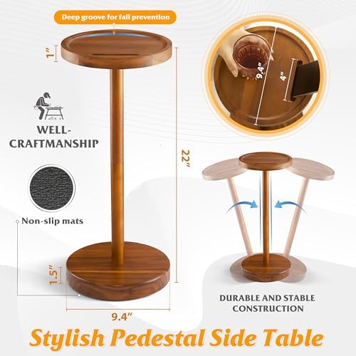 BLUEWEST Small Round Side Table, Drink Table with Phone Slot, 22'' Acacia