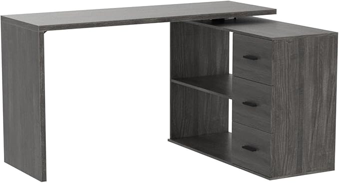 HSH L Shaped Office Desk with Drawers Shelves 55-76 Inch, Corner Computer Desk with Storage 360 Rotating Long for Work, Executive, Study, Writing, Teacher, Bedroom Modern Gaming Table, Dark Grey