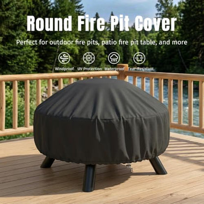 SHINESTAR Fire Pit Cover Round 32 In, Outdoor Fire Pit Cover for 22-32 Inches Fire Pits, Windproof Drawstring & Waterproof Layer, Black