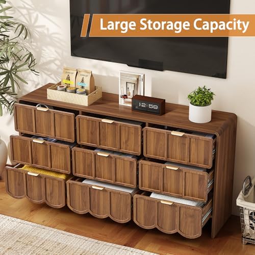 9 Drawer Dresser for Bedroom, Modern Chest of Scalloped Drawer, Walnut