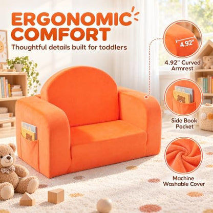 Kids Couch 2-in-1 Foldable kids sofa, Thick Foam & Extra Large, Orange