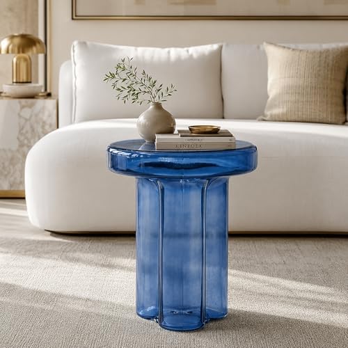 Round End Table with Tempered Glass, Small Side Table for Living Room Bedroom, W14.96in Light Blue