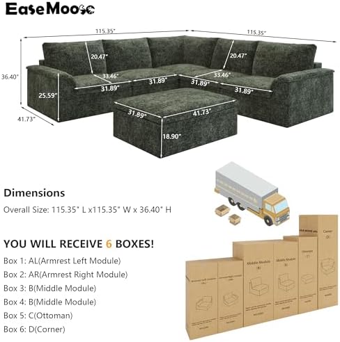 EASE MOOSE Modular Sectional Sofa, Boneless Couches for Living Room, Green
