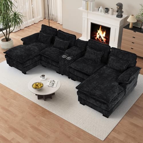 OUYESSIR 132" U Shaped Cloud Sectional Couch with USB Port, Dark Black