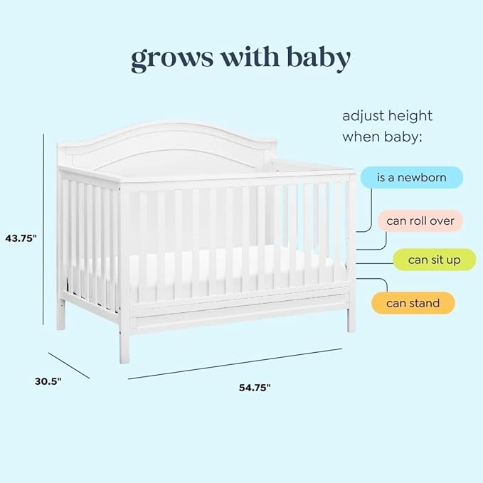 Davinci Charlie 4-in-1 Convertible Baby Crib w/Mattress - White | GREENGUARD Gold Certified, Low-Profile Crib Convertible to Toddler Bed, Daybed, Full Bed - Conversion Kit Sold Separately