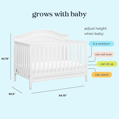 Davinci Charlie 4-in-1 Convertible Baby Crib w/Mattress - White | GREENGUARD Gold Certified, Low-Profile Crib Convertible to Toddler Bed, Daybed, Full Bed - Conversion Kit Sold Separately