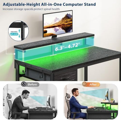 DurayLoly 32" Gaming Desk with Power Outlet and LED Lights,Bedroom,Black