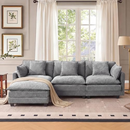 Modern 102" L Shaped Sectional Sofa Cloud Couch, Comfy Chenille Modern Modular Sleeper Sofa, Upholstery Sofa with Ottoman & Memory Foam for Living Room, Grey