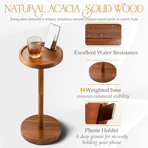 BLUEWEST Small Round Side Table, Drink Table with Phone Slot, 22'' Acacia