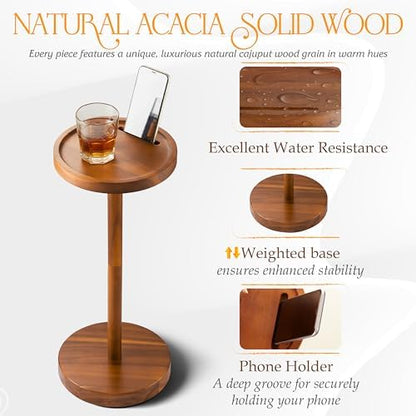 BLUEWEST Small Round Side Table, Drink Table with Phone Slot, 22'' Acacia