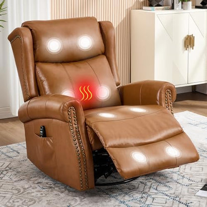 Genuine Leather Recliner Chair for Adults, Manual Swivel Rocker Glider Rocking Chair with Vibration Massage Lumbar Heat for Nursery, Rivet Design Single Sofa Chair for Living Room - Caramel Brown
