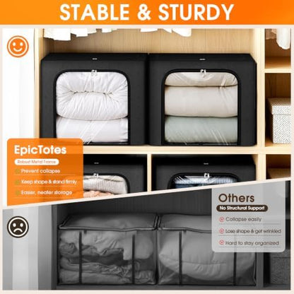 4 Pack Clothes Storage Bins with Metal Frame, Black, 40L