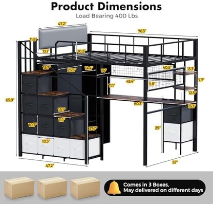 Full Size Loft Bed with Desk, Stairs & LED Light, Black