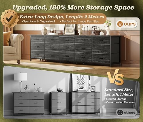 Huuger 78.7 inch Long Dresser for Bedroom, 15 Drawer Fabric Dresser for Closet, Large TV Stand for 65, 75, 85 inch TV, Wide Chest of Drawer with Storage, 78.7" W x 12.9" D x 26.7" H, Charcoal Black