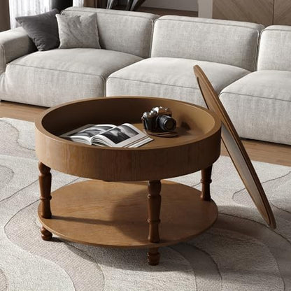 Round Wood Coffee Table for Living Room, Rustic Farmhouse Circle Coffee Tables with Storage 2-Tier Solid Wood Coffee Table for Apartment Office 31.5''Walnut