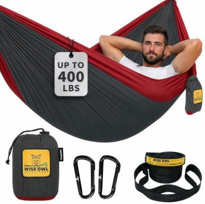 Wise Owl Outfitters Hammock for Camping Single Hammocks Gear for The Outdoors Backpacking Survival or Travel - Portable Lightweight Parachute Nylon SO Charcoal & Red