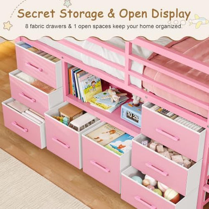 Feonase Low Loft Bed Twin Size with 8 Storage Drawers, Twin Loft Bed with Bookcase, Metal Kids Loft Bed with 13" H Safety Guardrail, Under-Bed Play Space and Play Curtain for Kids, Pink