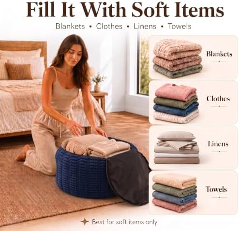 Round Pouf Ottoman Cover Only, Navy Blue, 24"x14", Corduroy Storage Cover