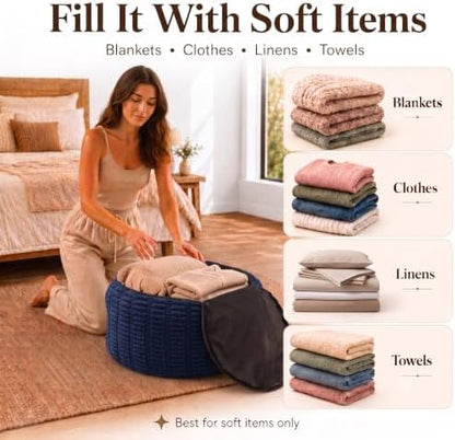 Round Pouf Ottoman Cover Only, Navy Blue, 24"x14", Corduroy Storage Cover