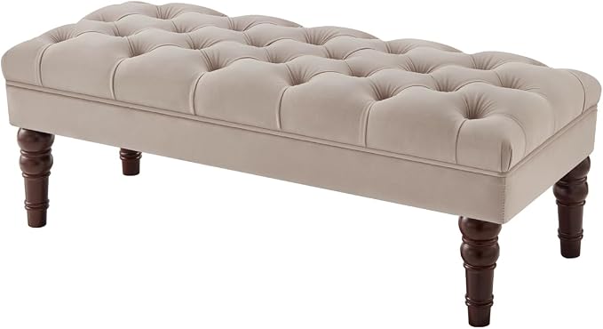 24KF Velvet Upholstered Buttons Tufted Entryway Bench with Solid Wood Leg,Bed Bench Ottoman with Padded Seat,5061N-Taupe