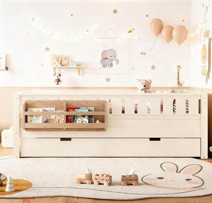 Bellemave Twin Size Kids Bed with high Rails and with Built-in Bookshelf and Trundle for Kids, Girls, Boys, Wood Montessori Bed Without Door, Beige