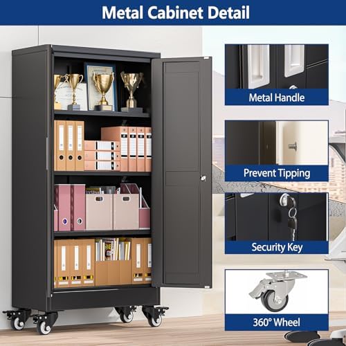 Ckzbx Metal Garage Storage Cabinet with Locking Doors and Adjustable Shelves, 45.6" H Rolling Tool Storage with Wheels for Garage,Office (Black)