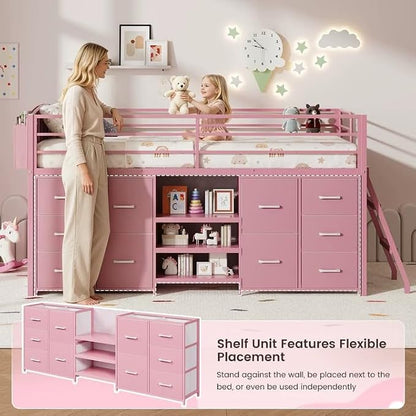 ELYKEN Low Loft Bed Twin Size with 10 Storage Drawers, Twin Loft Bed Frames for Kids with Safety Guardrail,Metal Kids Loft Bed with LED Lights,Inclined Ladder,Spave Saving,Pink