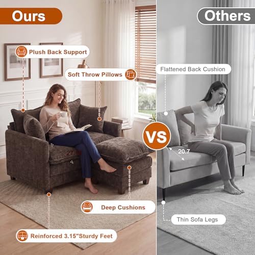 50'' Loveseat Sofa Set with Ottoman, Small Couch Set 2 Piece Cloud Love Seat 27" Deep Seat Washable Pillows Couches for Small Spaces Apartment Living Room, Brown