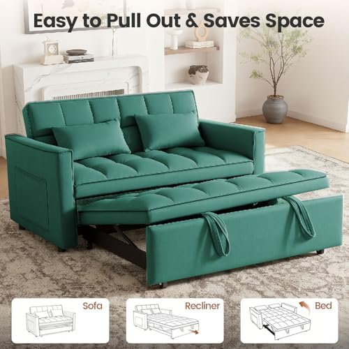 3 in 1 Convertible Sofa Bed, Velvet Fabric Loveseat Sleeper Sofa with Side Pockets, Pull Out Couch with Adjustable Backrest for Living Room, Small Spaces, Bedroom, Apartment, Green