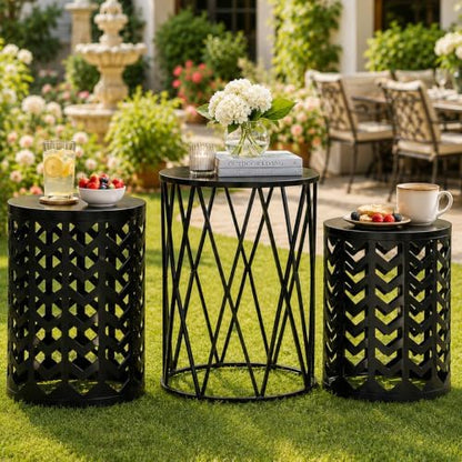 Y&M Outdoor Side Tables Set of 3, Round Metal Nesting Patio End Tables, Heavy Duty Stacking Accent Tables for Patio, Balcony, Garden, Porch, Indoor & Outdoor, Black