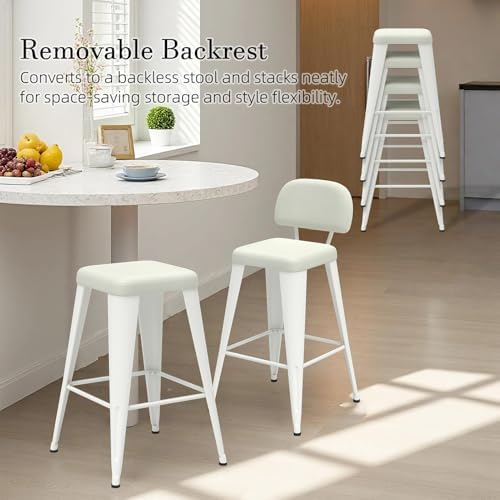 24 Inch Metal Bar stools Set of 2, Upholstered Bar Stools with Removable Back & Metal Legs, Industrial Barstools for Kitchen Island, Cafe (Beige Seat, White Legs)