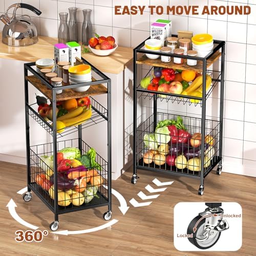 Fruit Vegetable Cart, 3-Tier Snack Cart on Wheels & Wood Top, Brown
