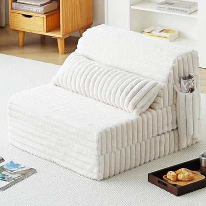 Tiita Folding Sofa Bed Convertible Sleeper Chair Mattress with Pillow & Side Pocket, Thick Corduroy Floor Mattress Couch Bed, Single Size, Beige