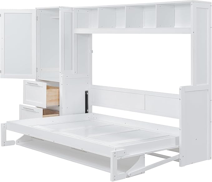 Virubi Queen Murphy Bed with Storage Shelves,Drawers and Wardrobe Closet,Wood Folding Murphy Wall Bed Cabinet (White)
