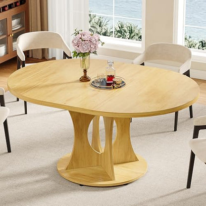 iPormis 43.3-59 Inch Extendable Round Dining Table for 6-8 People, Oval Dinner Table with Adjustable Top and A Stable Round Pedestal Base, Space Saving Wooden Kitchen and Dining Table, Oak