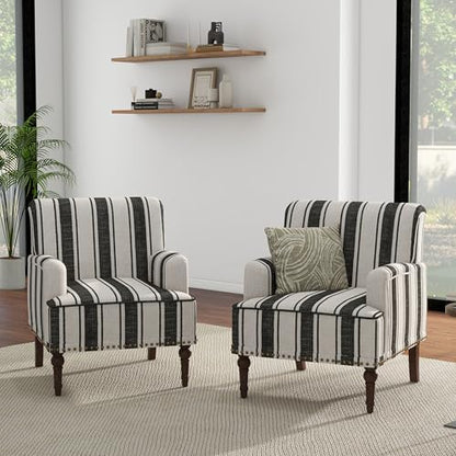 Stripe Accent Chairs Set of 2, Fabric Upholstered Armchair, Black