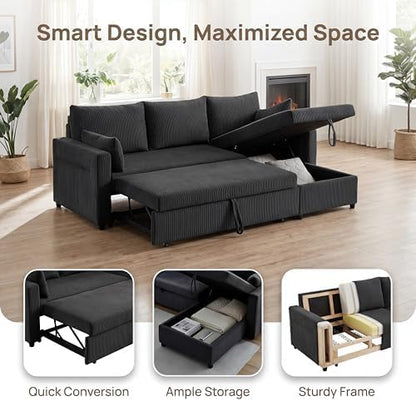 Queen Sleeper Sofa, Convertible Sofa Bed with Storage, 85 Inch Sectional Couch with Pull Out Bed, L Shaped 3 Seat Sectional Sleeper Sofa for Living Room, Apartment, Black