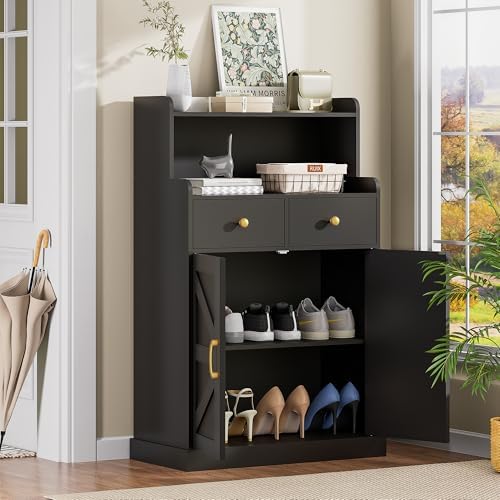 Farmhouse Bathroom Storage Cabinet with 2 Drawers & 2 Doors, Kitchen Cabinet Cupboard with Adjustable Shelves, Floor Storage Cabinet for Kitchen/Living Room/Bedroom, Black