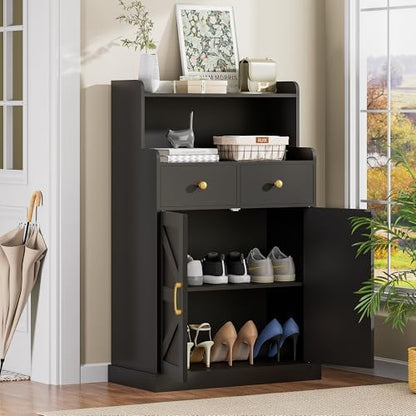 Farmhouse Bathroom Storage Cabinet with 2 Drawers & 2 Doors, Kitchen Cabinet Cupboard with Adjustable Shelves, Floor Storage Cabinet for Kitchen/Living Room/Bedroom, Black