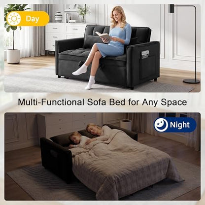 53" Sofa Bed, Velvet 3-in-1 Pull Out Couch & Loveseat Sleeper Sofa, Compact Convertible Folding Couch with Adjustable Backrest for Small Spaces, Black